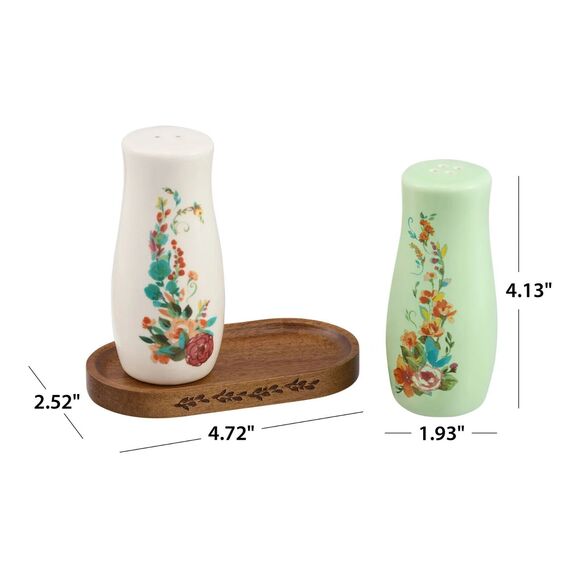 Pioneer Woman Painted Meadow Salt Pepper Shakers Acacia Wood Tray 3-Pc Gift NEW - Picture 3 of 5
